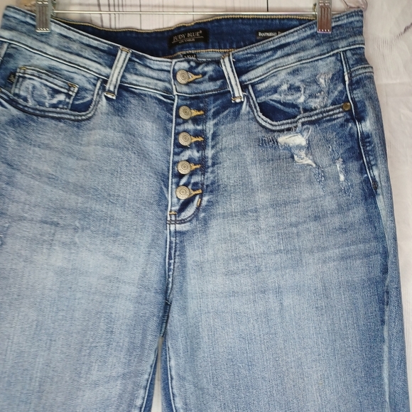 Judy Blue Boyfriend Fit Button-Fly Women's Blue Distressed Jeans - Picture 3 of 16